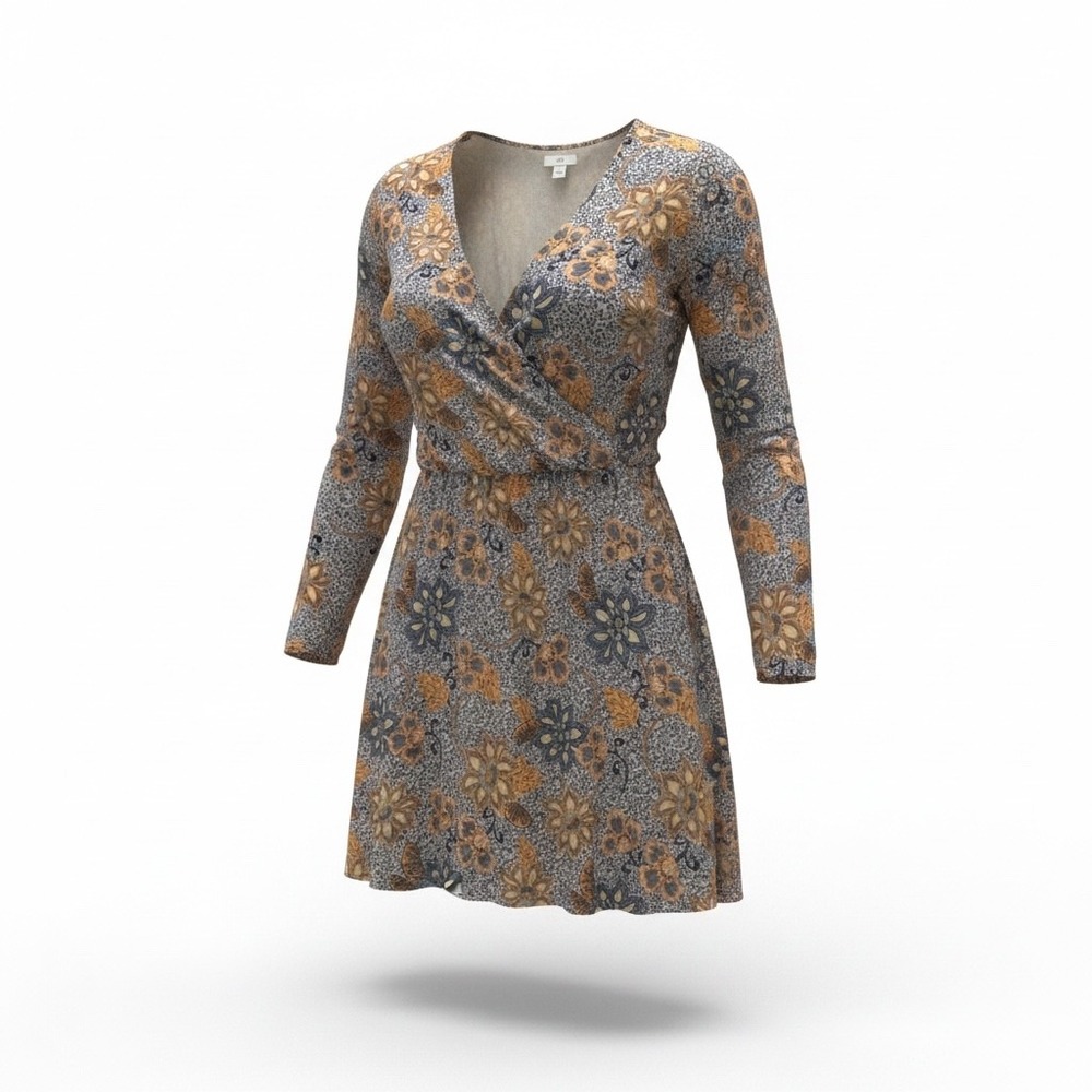 Free People Floral Batik Wrap Mini Dress Blue Orange Long Sleeve V-Neck Large